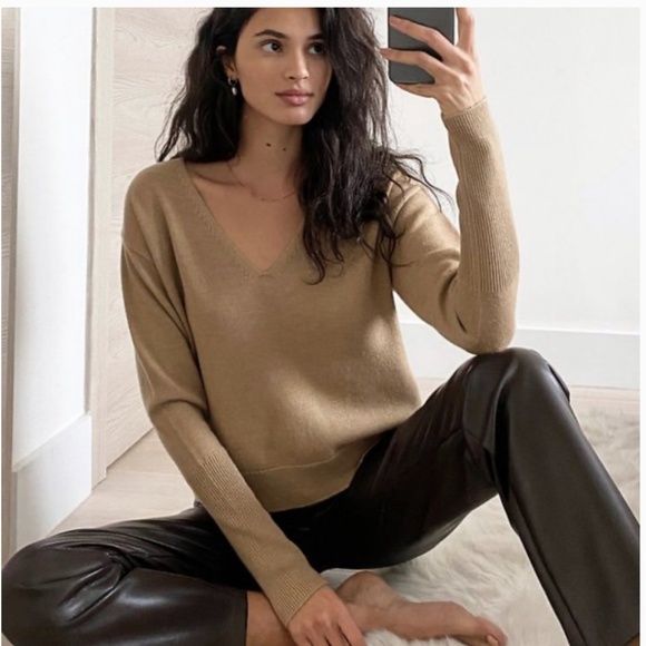 Aritzia Wilfred Knit Sweater Cyprie V-Neck 100% Merino wool Taupe Tan Size L - Picture 6 of 14